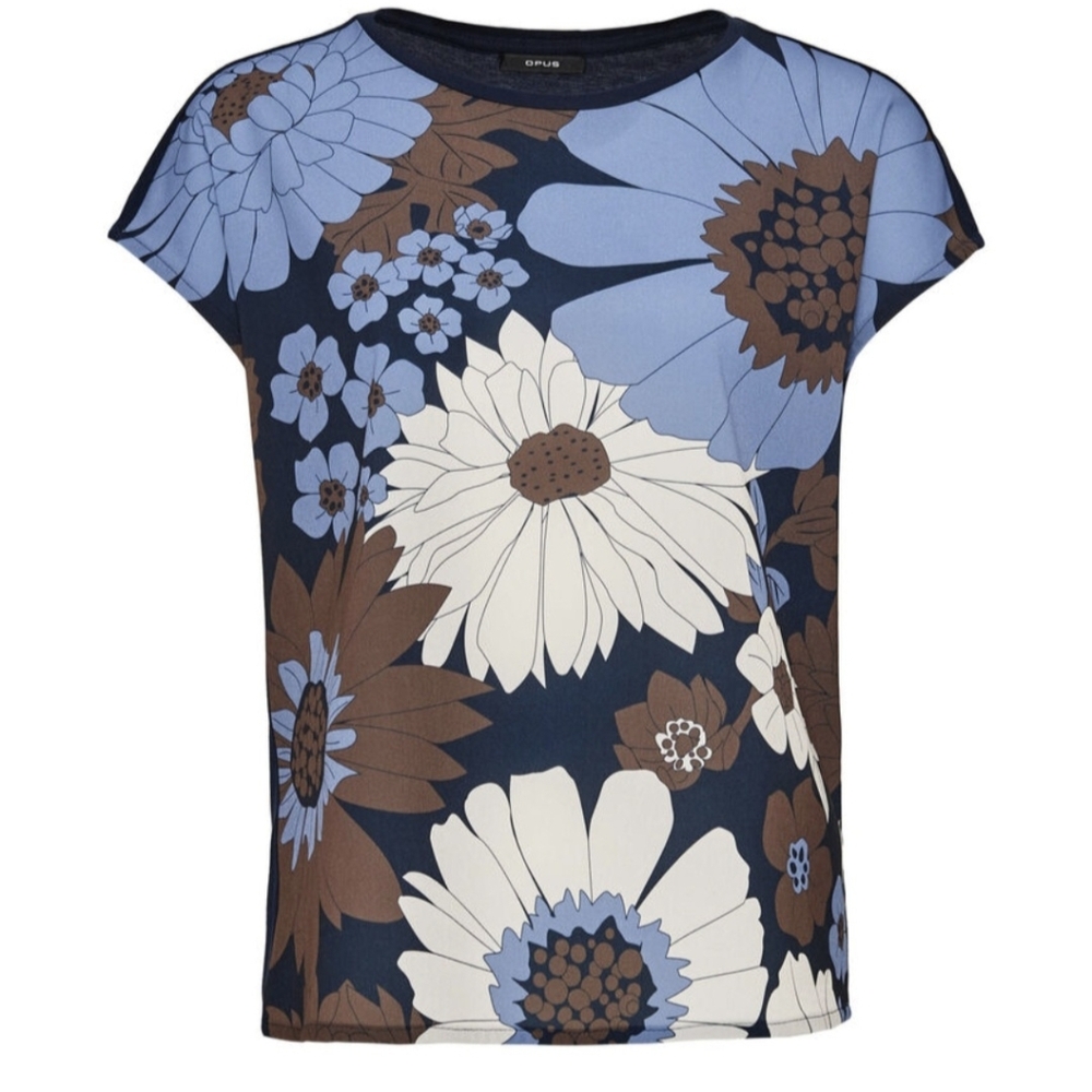 OPUS Stretchy Blue and Brown Women's Top With Floral Design Size 8 US, EU 38